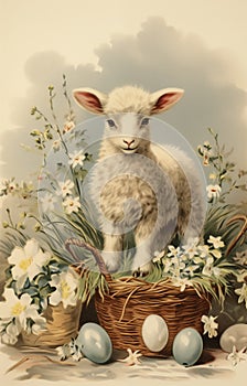 Vintage Easter card from 1910-1920. Cute lamb with Easter eggs
