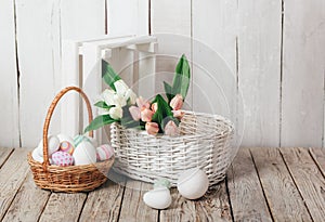 Vintage easter decoration with eggs and tulip flowers