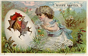 Vintage Easter Greeting Card Illustration with Bunnies Eggs Chicks