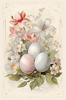 Vintage Easter postcard with pastel eggs and flowers