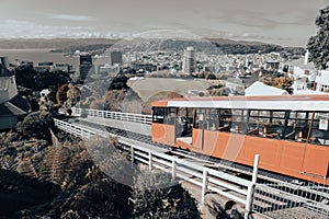 Vintage effect image of historic Wellington Cable car parked at top of the ride