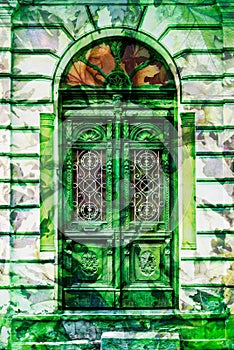 Vintage elaborate wooden door with green man