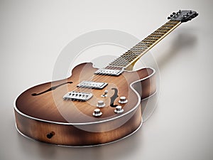 Vintage electric guitar standing on gray background. 3D illustration