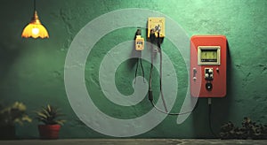 Vintage electrical control panel with cables and plants