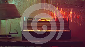 Vintage electronic keyboard creating music with digital sound waves