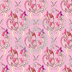 Vintage elegance floral love seamless pattern. Pink ornamental lace background. Beautiful Damask renaissance style ornament with