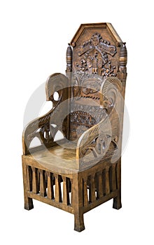 Vintage elegant chair dark wood with carving in the russian style on white background