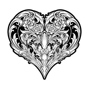 Vintage elegant engraved petal heart shape ornament illustrations monochrome photo