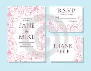 Vintage elegant wedding invitation card template set with anemone flower frame.