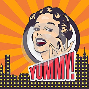 Vintage elegant woman`s head, Okey sign fingers hand. Yummy text. Vector image