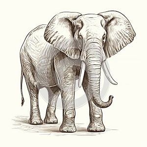 Vintage Elephant Line Engraving Print In Sepia Tone On White Background photo