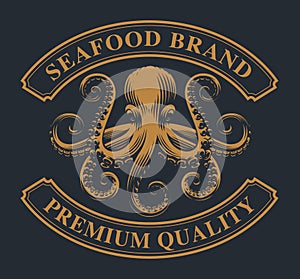 Vintage emblem with an octopus for seafood theme.