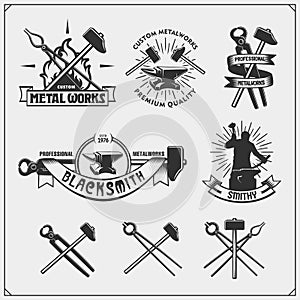 Vintage emblems for forge. Blacksmith labels, badges and design elements.