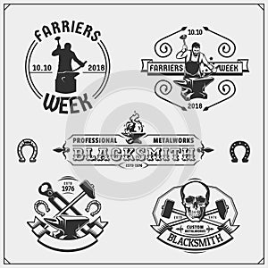 Vintage emblems for forge. Blacksmith labels, badges and design elements.