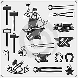 Vintage emblems for forge. Blacksmith labels, badges and design elements.