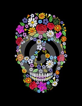 Vintage embroidered flower skull. Muertos Dead Day Fashion design