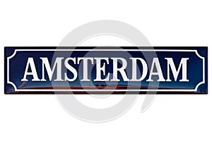 Vintage enamel street sign with the text Amsterdam photo