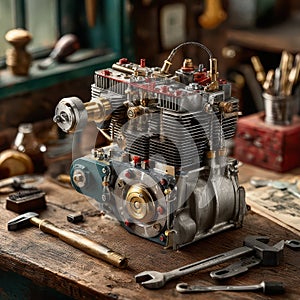 Vintage Engine Model on Workbench with Hand Tools and Workshop Setting