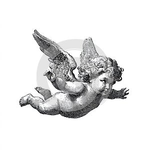 Classical Winged Cherub Illustration (Putto) in Engraving Style