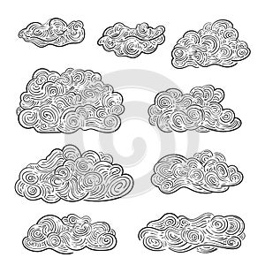 Vintage engraved clouds vector set hand drawn doodle, Detailed lines sketch retro style black on white design