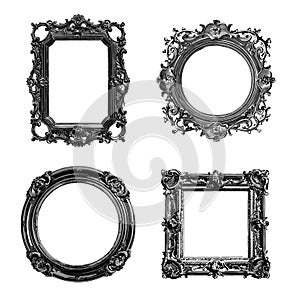 Vintage engraving frames. Carving old antique frame set etching isolated on white, round and rectangular interior floral