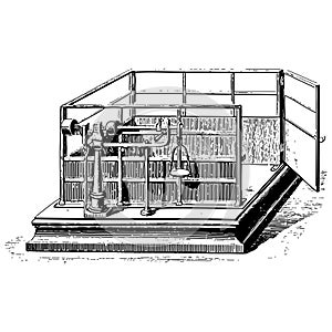 Vintage engraving of a mechanical weighing scale photo