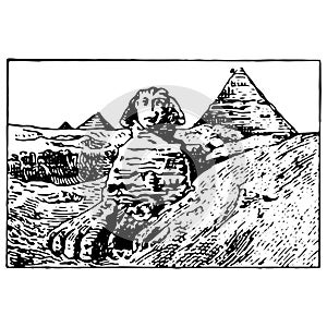 Vintage engraving of the Sphinx and the Great Pyramids of Giza