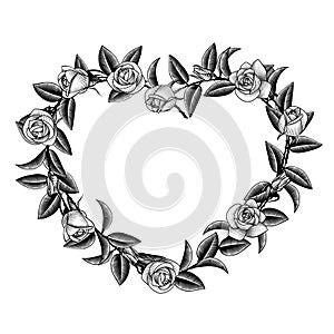 Vintage engraving stylized drawing of heart frame with roses wreath