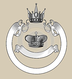 Vintage engraving stylized drawing of two crowns and ribbon banners