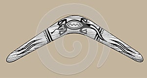 Vintage engraving stylized drawing of wood boomerang with ornament