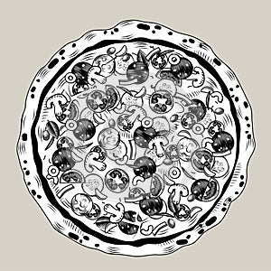 Vintage engraving stylized line drawing of big round tasty pizza