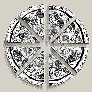 Vintage engraving stylized line drawing of big round tasty pizza cut into equal parts