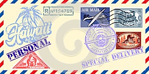 Vintage envelope with air mail letter and stamp set against yellow background. Decoration in retro style. Elements for design