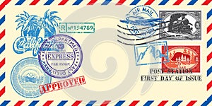 Vintage envelope with air mail letter and stamp set. Decoration in retro style. Elements for design