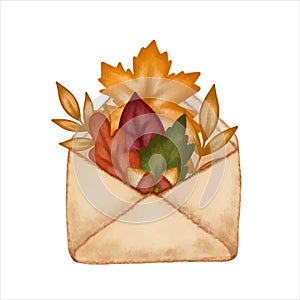 Vintage envelope with autumnal fall season leaves