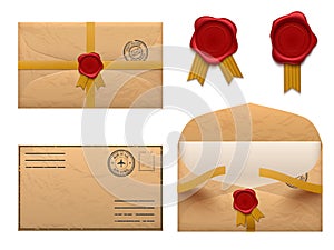 Vintage envelope. Retro envelopes letter with wax seal stamp, old mail delivery vector set