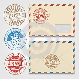 Vintage envelopes template with grunge postal stamps