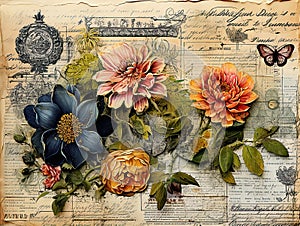 Vintage ephemera background with victorian style flowers, butterfly and engraving. Old paper texture. Generative AI