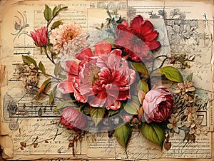 Vintage ephemera background with victorian style flowers and engravings. Old paper texture. Generative AI