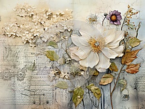 Vintage ephemera and white flowers. Decoupage scrapbooking paper texture. Generative AI