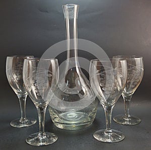 Vintage etched glass decanter and wine glasses