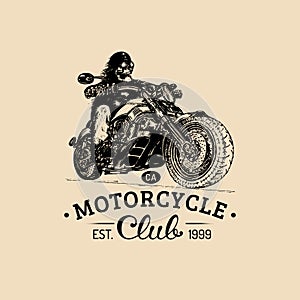 Vintage eternal biker illustration for custom, chopper garage label etc. Vector hand drawn skeleton rider on motorcycle.