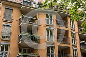 Vintage European Apartment Building Facade Balconies Front View