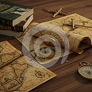 Vintage exploration theme featuring old maps, compasses, and navigational
