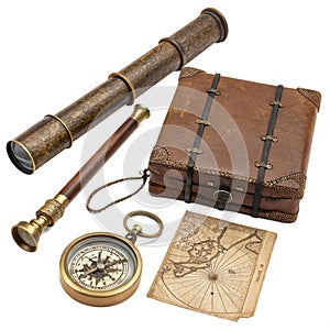 Vintage exploration tools isolated on white background