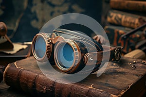 Vintage explorer goggles on a leather-bound journal with old maps and books in the background