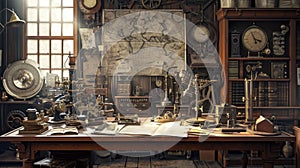 Vintage Explorer's Study Room with Antique Map. Resplendent. photo