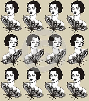 Vintage fabric design with a flapper girl 20`s style. Fashion illustration.