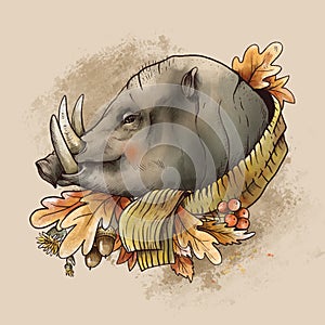 Vintage fall illustration. Cute wild boar with autumn leaves and acorns brunch