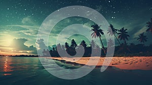 Vintage fantasy tropical beach under starlit sky and full moon in retro style artwork